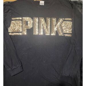 PINK Small black long sleeved top with PINK in gold sequin block lettering